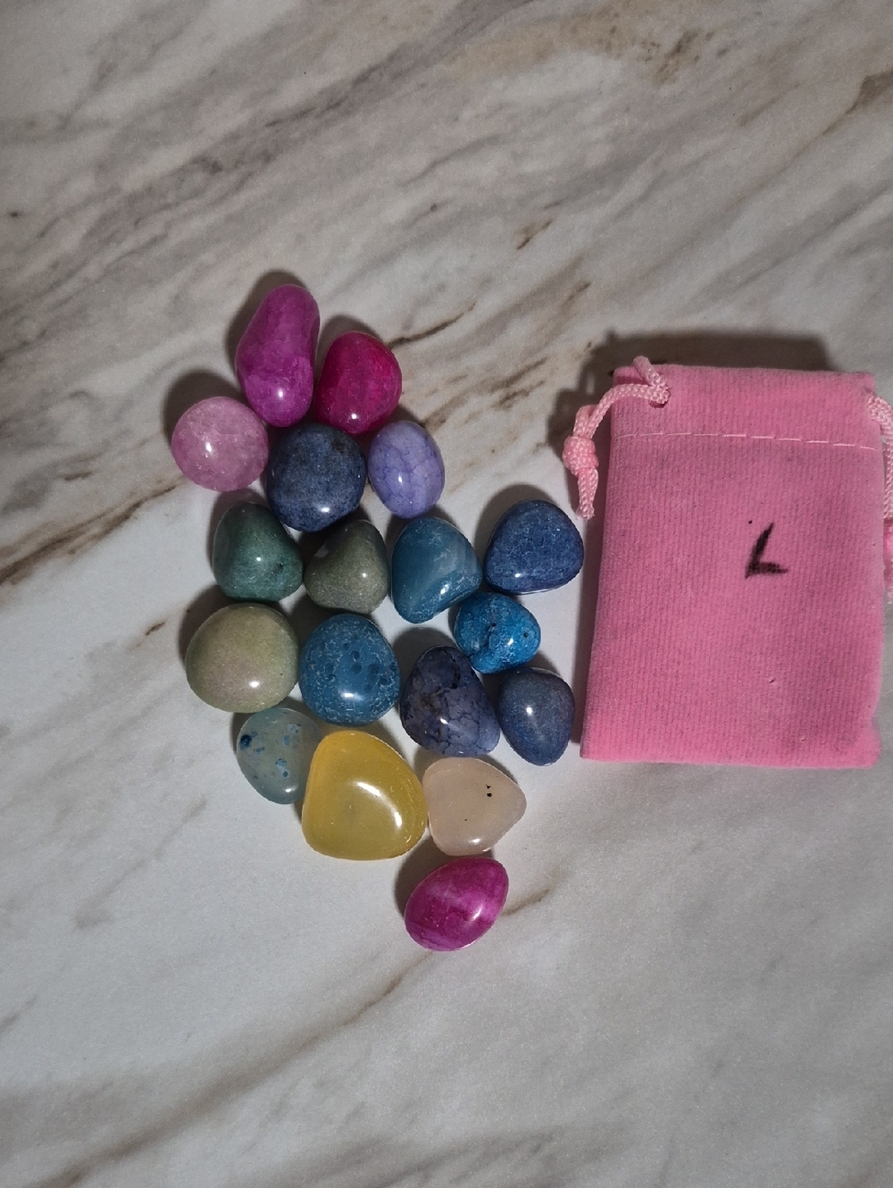 18 Colorful Tumbled Gemstone Mix with Pink Velvet Pouch